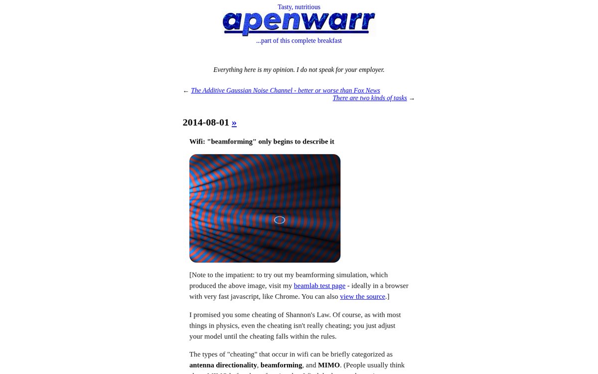 apenwarr's interactive beamforming simulation showing red and blue wavefronts interfering around a target