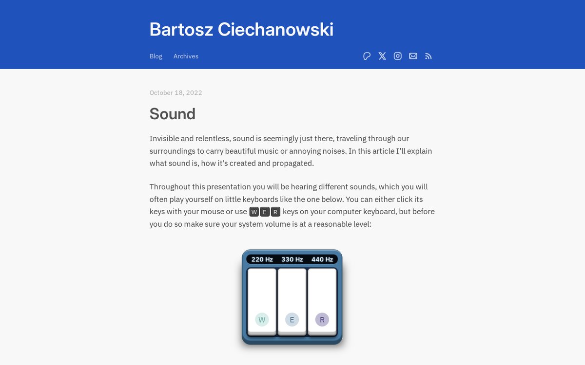 Opening of Bartosz Ciechanowski's interactive article on sound, showing a playable keyboard and explanatory text