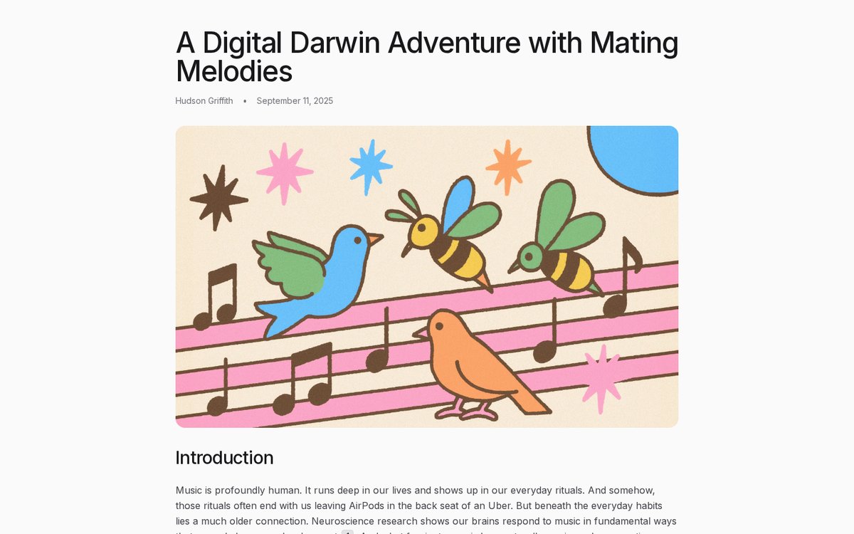 Colorful illustration of birds and bees on a musical staff for Digital Darwin's melody breeder