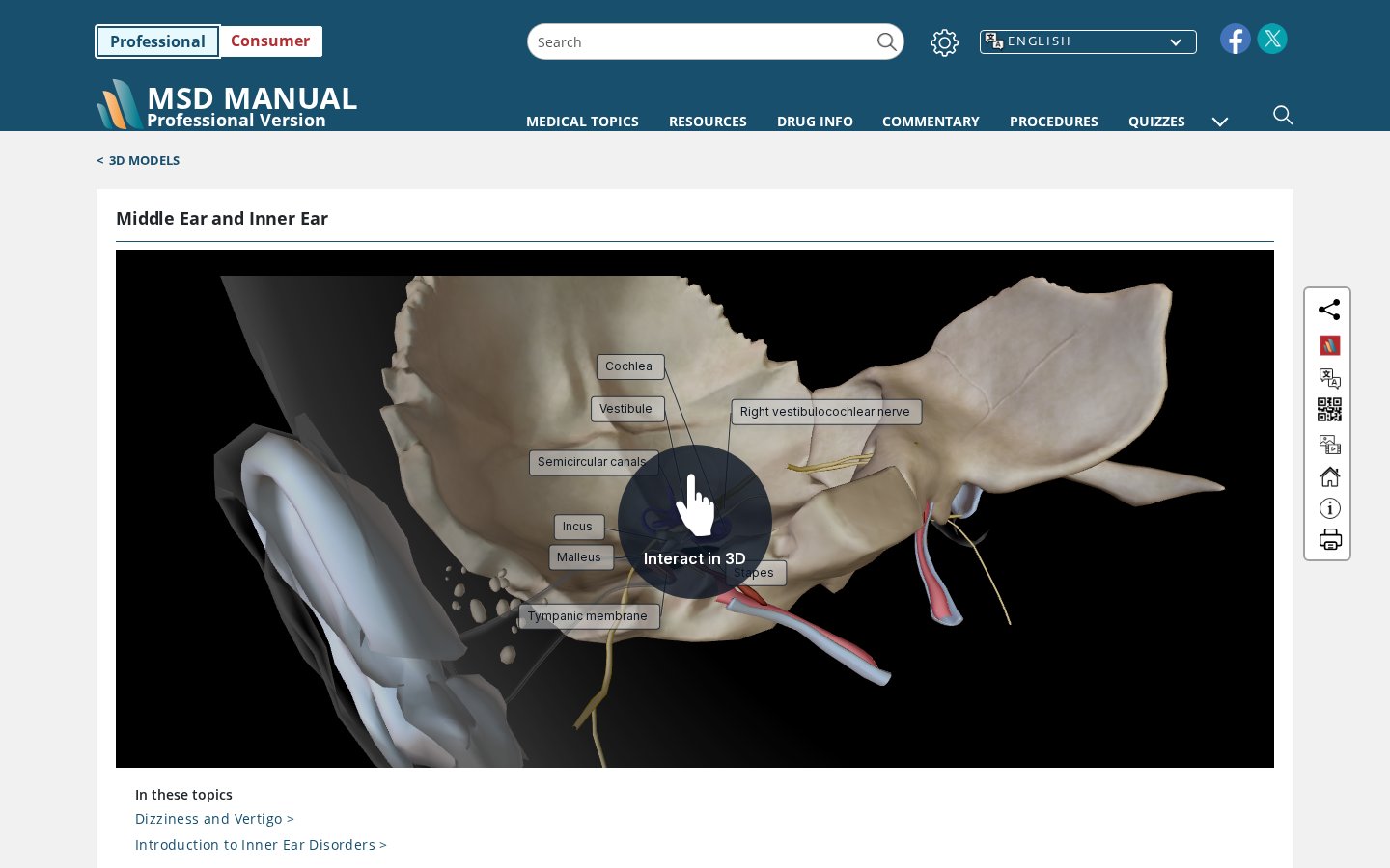 Interactive 3D anatomical model of the middle and inner ear showing the cochlea, semicircular canals, and ossicles