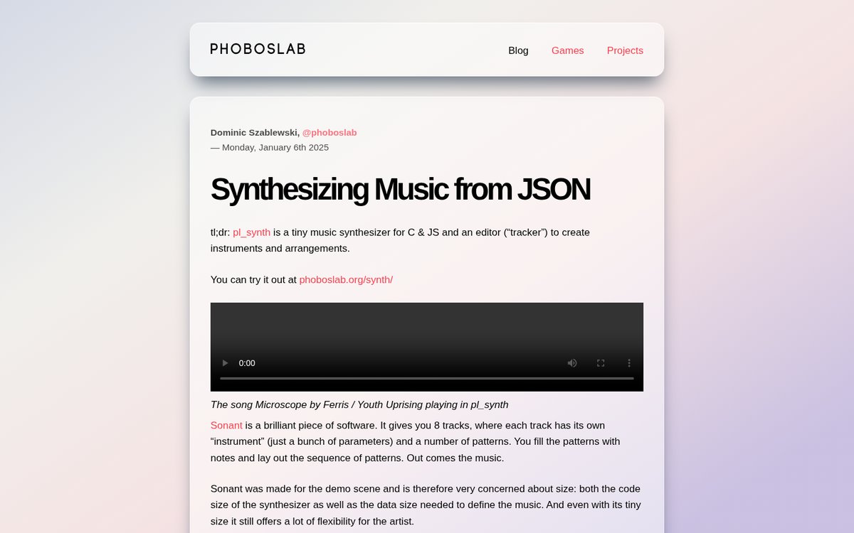 PhobosLab article introducing pl_synth, a tiny music synthesizer and tracker