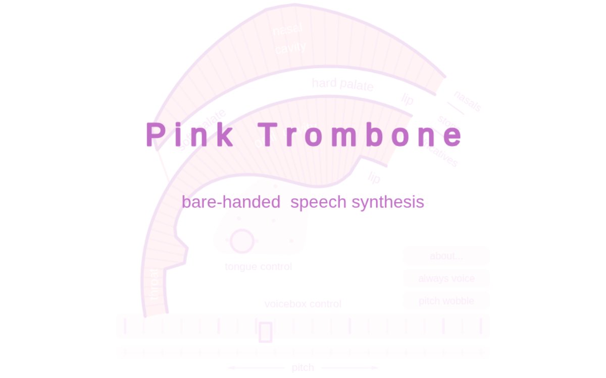 Pink Trombone interface showing an interactive cross-section of the vocal tract with tongue, lip, and voicebox controls