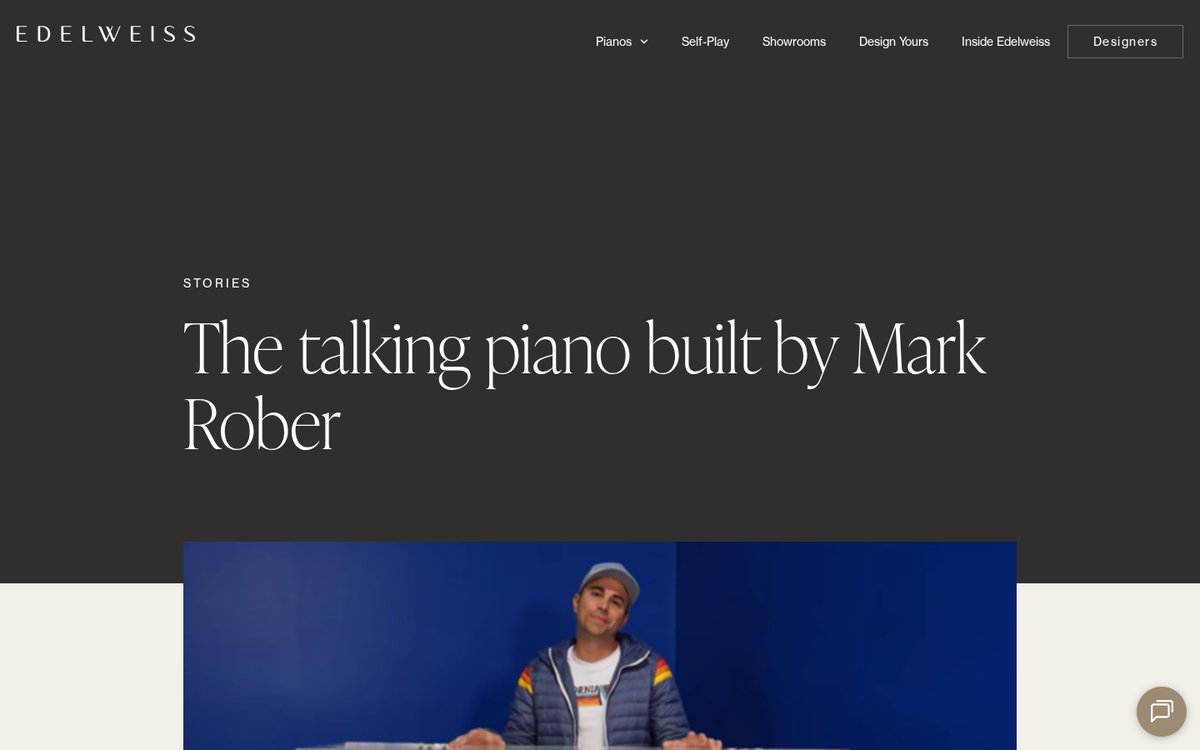 Edelweiss article header showing Mark Rober with the talking piano built from a self-playing upright