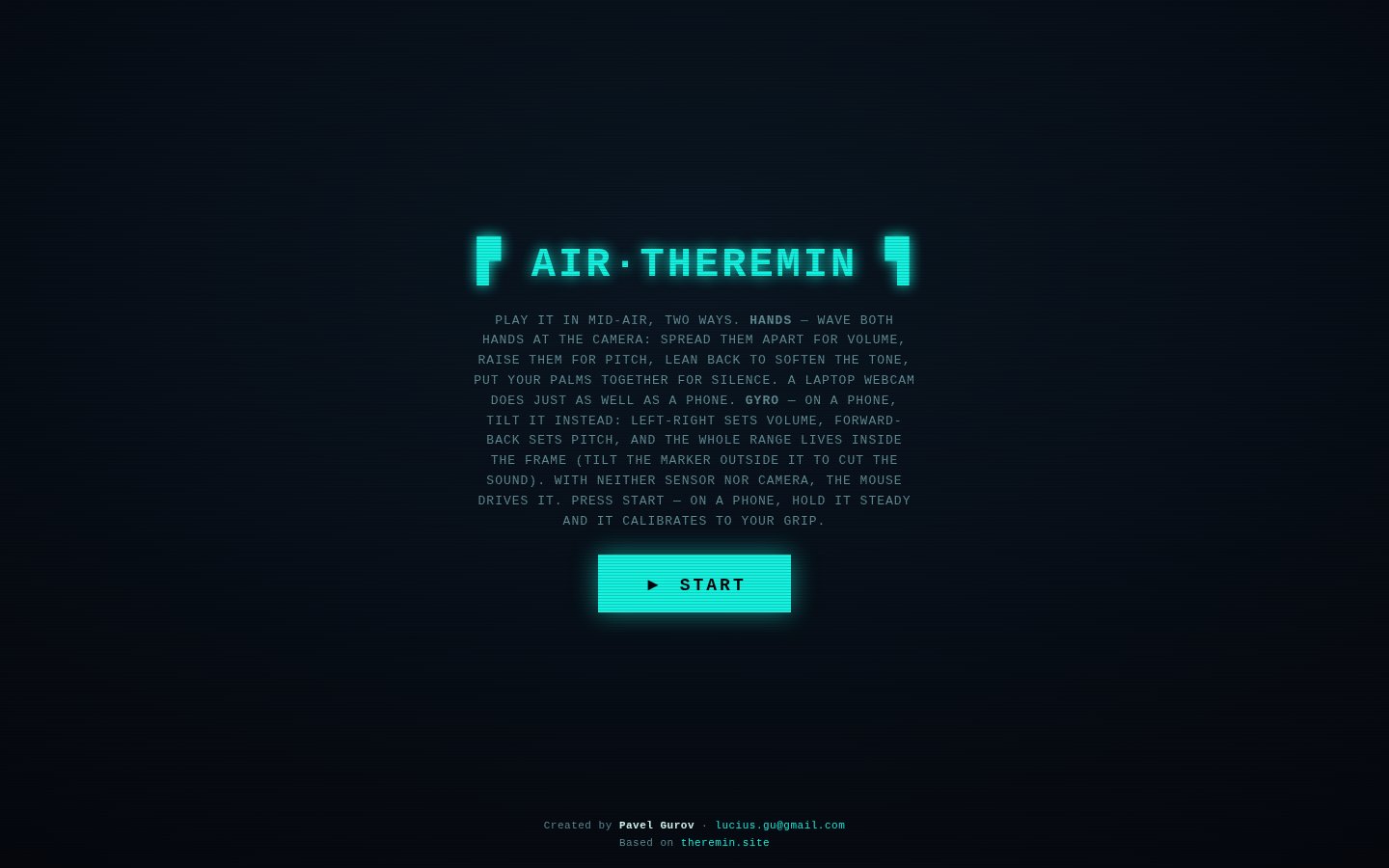 Air Theremin start screen with glowing cyan display type on a dark background