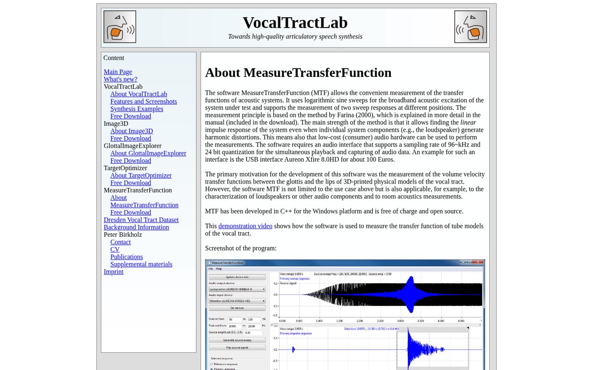VocalTractLab MeasureTransferFunction software measuring the transfer function of a vocal tract tube model